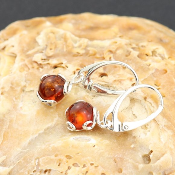Sterling silver earrings with natural Baltic amber, amber drop earrings - Picture 2 of 14